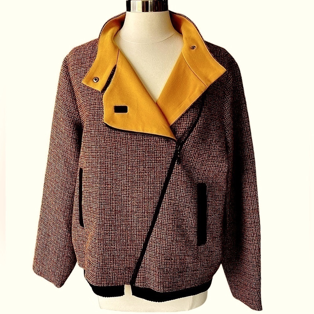 Cue Tweed Bomber Jacket Moto Style Offset Zip Close Pockets New with Tags Sz 14